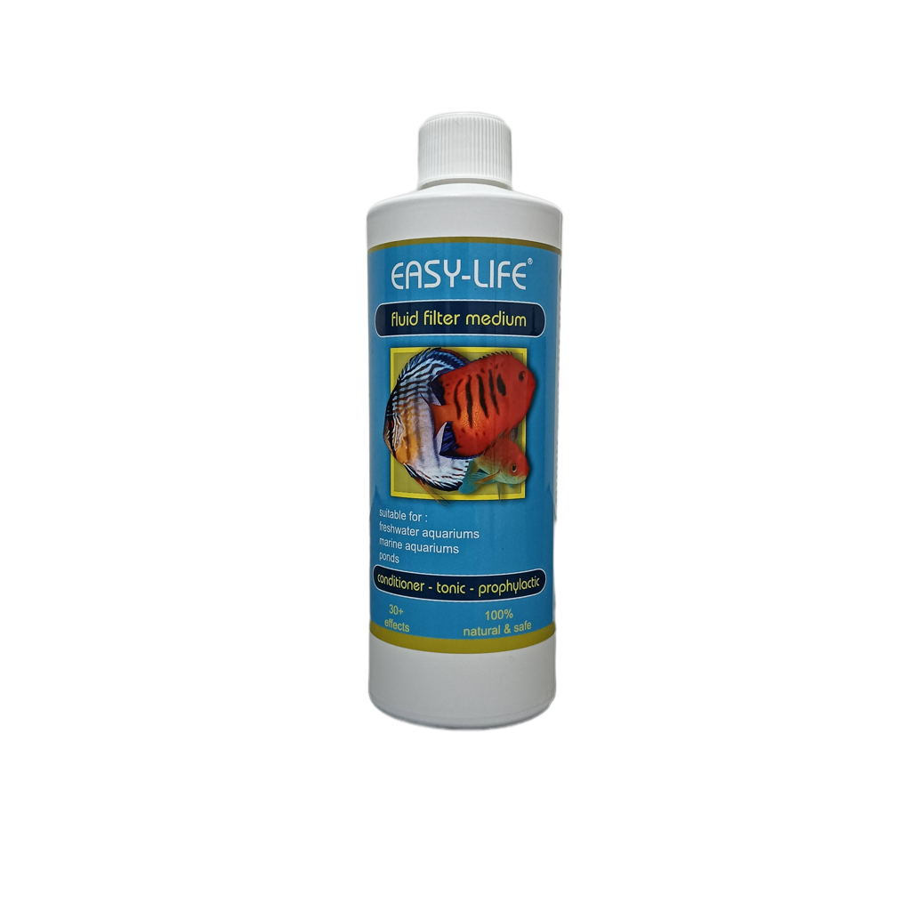 Easy-Life Fluid Filter Medium 500ml <div class="product-description">
<p>The Easy-Life Fluid Filter Medium is a powerful, all-in-one water conditioner designed to create a healthier and clearer environment for your aquarium fish and plants. This versatile product detoxifies harmful substances and supports biological filtration, simplifying aquarium maintenance.</p>
<ul>
<li><strong>Product Name:</strong> Easy-Life Fluid Filter Medium 500ml</li>
<li><strong>Part Number:</strong> 100908</li>
<li><strong>Capacity:</strong> 500ml</li>
<li><strong>Purpose:</strong> Water conditioner, detoxifier, and water clarifier.</li>
<li><strong>Compatibility:</strong> Freshwater & Saltwater Aquariums</li>
<li><strong>Key Features:</strong> Detoxifies ammonia, chlorine, heavy metals; promotes fish health & clear water; supports biological filtration.</li>
<li><strong>Dosing Instructions:</strong> 10ml per 30L (routine maintenance), 5ml per 30L (after water changes), 1ml per liter (transport/acclimatization), up to 20ml per 30L (high toxin levels), 10ml per 30L (after medication).</li>
<li><strong>Usage:</strong> Ideal for water changes, transport, acclimatization, and post-medication treatments.</li>
</ul>
</div>
