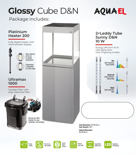 Aquael Glossy Cube 50 Grey Package 135Lt